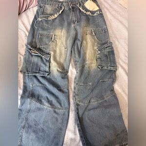 Men’s Faded Blue Cargo Denim Pants with Distressed Details